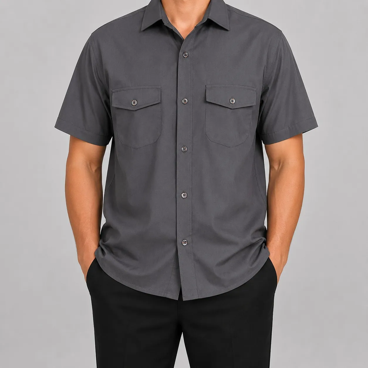 پیراهن کتان مردانه آستین کوتاه دو جیب قواره بزرگ سایز L تا 2XL رنگ سرمه ای شیری سدری