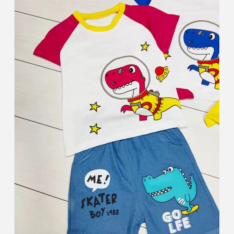 ست تیشرت و شلوارک بچگانه طرح دایناسور فضانورد جنس نخ پنبه و جین کاغذی مناسب 6 ماه تا 4 سال