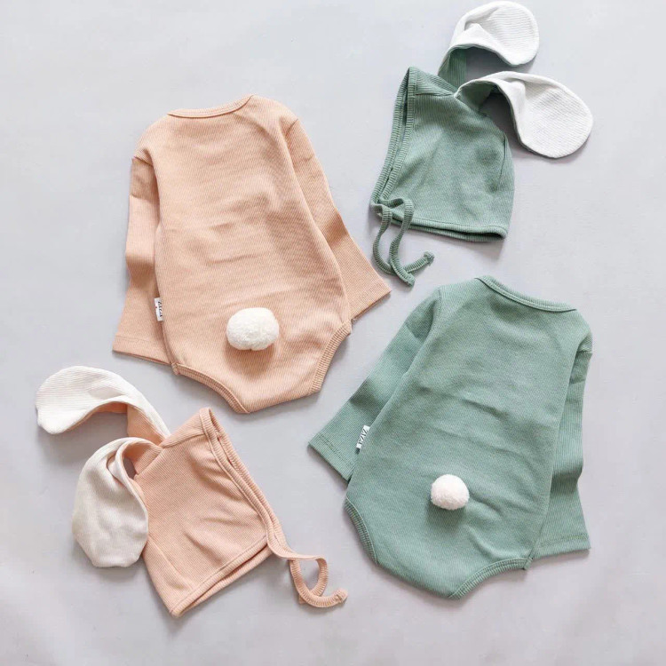 بادی و کلاه کبریتی خرگوشی نوزادی پنبهای سایز 3 تا 12 ماه