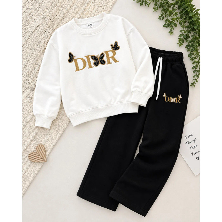 لباس دخترانه بلوز شلوار دورس طرح پروانه سفید سایز 45 تا 70