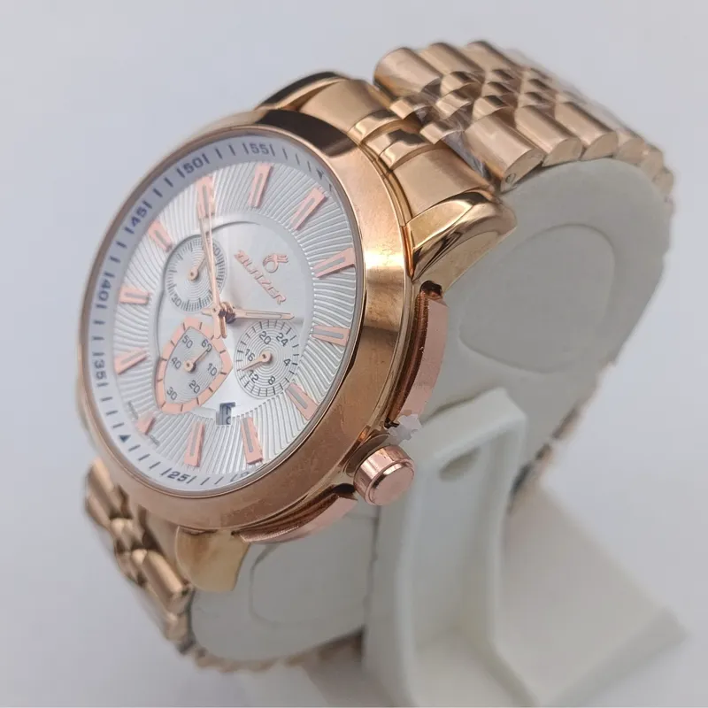 ساعت مچی مردانه بلیزر کرنوگراف چهار موتور فعال رزگلد صفحه سفید
